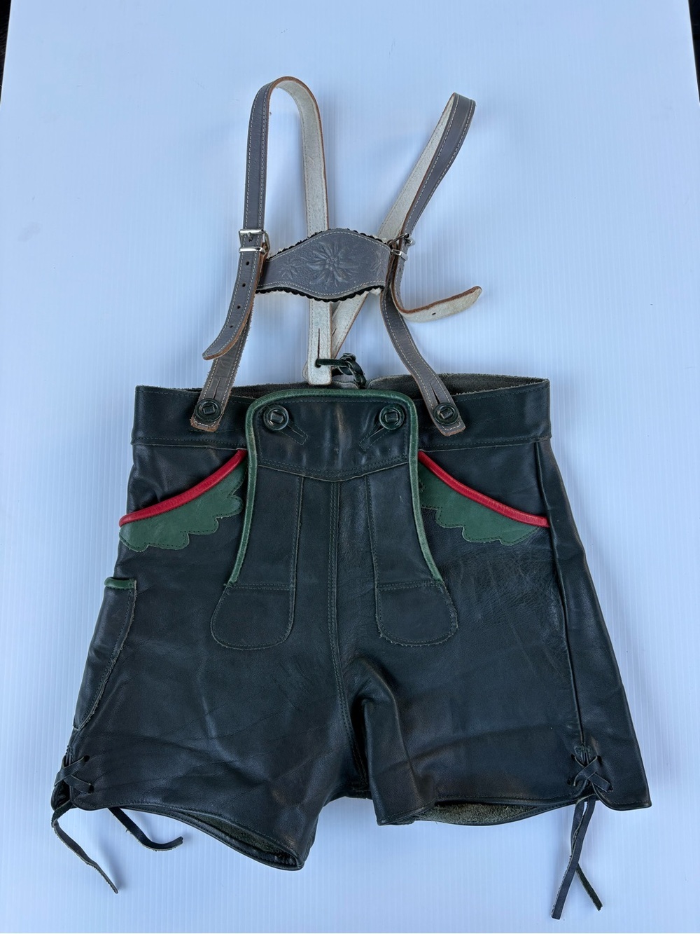 Vintage Bavarian Kids/Youth Leather Lederhosen with Edelweiss Suspenders